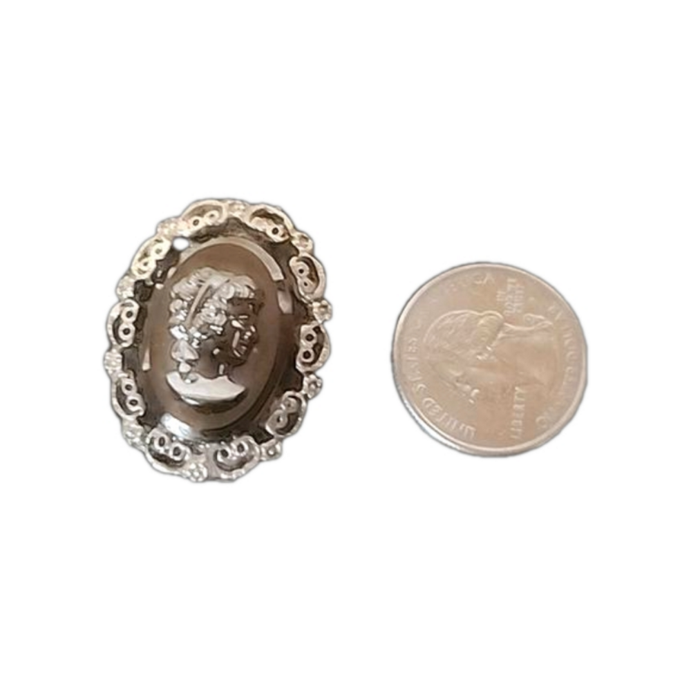 Vintage Hematite Cameo Brooch Gold Tone Oval Lady Portrait - Picture 2 of 3